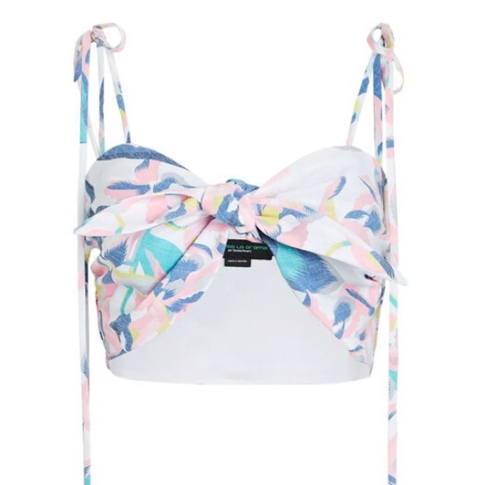 ‘NO PISE LA GRAMA’ Bella Palma Floral Linen-Blend Crop Top, Size XL